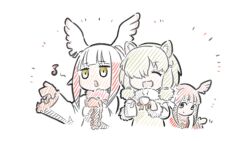 Rule 34 | 3girls, :d, ^ ^, alpaca ears, alpaca suri (kemono friends), animal ear fluff, animal ears, appleq, brown hair, brown sweater, closed eyes, closed mouth, coffee pot, commentary request, cropped torso, cup, frilled sleeves, frills, fur-trimmed sleeves, fur collar, fur trim, gloves, hair over one eye, head wings, highres, holding, holding cup, japanese crested ibis (kemono friends), kemono friends, long sleeves, multicolored hair, multiple girls, music, open mouth, pink hair, pink wings, red gloves, red hair, red shirt, scarlet ibis (kemono friends), shirt, simple background, singing, smile, sweater, two-tone hair, upper body, white background, white hair, white shirt, white wings, wings, yellow eyes