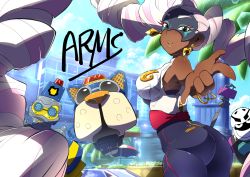 Rule 34 | 1girl, arms (game), ass, bare shoulders, barq, breasts, byte (arms), character request, copyright name, dark skin, drill hair, earrings, green eyes, jewelry, kid cobra, kiwa (pokemonwars), lips, long hair, looking at viewer, mask, medium breasts, pink hair, smile, thick thighs, thighs, twin drills, twintelle (arms), very long hair