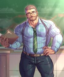 Rule 34 | 1boy, bara, beard stubble, chalkboard, contrapposto, covered erect nipples, desk, facial hair, glasses, highres, large pectorals, male focus, mature male, muscular, muscular male, necktie, one eye closed, onionworkshop, original, paid reward available, pants, pectoral cleavage, pectorals, shirt, short hair, sideburns, solo, standing, striped clothes, striped shirt, stubble, suspenders, teacher, thighs, tight clothes, tight pants, tight shirt
