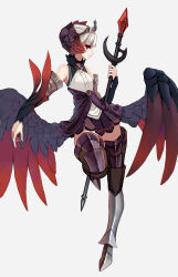 Rule 34 | 1girl, armor, armored boots, armored dress, bare shoulders, black armor, black wings, boots, choker, crown, dress, feathered wings, feathers, full body, greaves, grey background, gwendolyn (odin sphere), head wings, highres, looking at viewer, low wings, odin sphere, pleated dress, polearm, red eyes, red wings, short hair, solo, spear, standing, standing on one leg, strapless, strapless dress, thigh boots, thighhighs, valkyrie, virgosdf, weapon, white hair, wings, zettai ryouiki