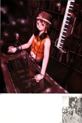 Rule 34 | 1990s (style), 1girl, abe yoshitoshi, absurdres, animal ears, artbook, bear ears, bottle, bracelet, brown eyes, brown hair, dj, hair ornament, hairclip, hat, headphones, headphones around neck, highres, instrument, iwakura lain, jewelry, keyboard (instrument), midriff, mixer, monochrome, necklace, official art, partially colored, phonograph, ring, scan, serial experiments lain, sketch, synthesizer, traditional media, turntable