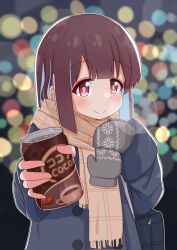 Rule 34 | 1girl, altair altea, bag, black coat, blue hair, blunt bangs, blunt ends, blurry, bokeh, brown hair, can, coat, commentary, depth of field, drink can, enpera, highres, hozuki momiji, long sleeves, looking at viewer, mitten removed, mittens, multicolored hair, onii-chan wa oshimai!, reaching, reaching towards viewer, red eyes, scarf, smile, solo, two-tone hair, upper body, winter, winter clothes, winter coat