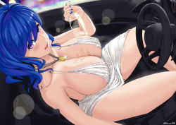 Rule 34 | 1girl, absurdres, azur lane, backless dress, backless outfit, bare shoulders, blue hair, blue nails, breasts, car, car interior, cleavage, cup, dress, drinking glass, evening gown, from above, grey dress, hair between eyes, halter dress, halterneck, highres, holding, holding cup, huge breasts, jewelry, large breasts, looking at viewer, motor vehicle, nail polish, necklace, pink eyes, plunging neckline, pouring, pouring onto self, revealing clothes, side ponytail, sidelocks, silver dress, st. louis (azur lane), st. louis (luxurious wheels) (azur lane), thighs, tongue, tongue out, warden (jadol 9)