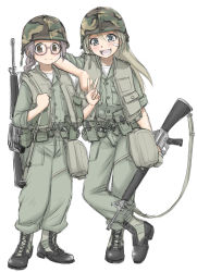 Rule 34 | 2girls, :d, assault rifle, bandaid, bandaid on face, belt, blonde hair, blush, boots, braid, camouflage, closed mouth, ebifly, fang, glasses, green eyes, green jacket, green pants, grey eyes, gun, hand up, helmet, highres, holding, holding gun, holding weapon, jacket, long sleeves, looking at viewer, m16, m16a1, multiple girls, open mouth, original, pants, rifle, semi-rimless eyewear, simple background, smile, standing, under-rim eyewear, v, weapon, white background