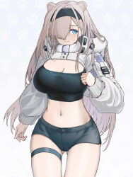 Rule 34 | 1girl, absurdres, animal ears, arknights, aurora (arknights), aurora (elite ii) (arknights), bear ears, black hairband, black shirt, black shorts, blue eyes, breasts, cleavage, clenched hand, commentary request, cowboy shot, crop top, gluteal fold, grey background, grey hair, hair over one eye, hairband, highres, kaze xs, large breasts, long hair, long sleeves, looking at viewer, midriff, navel, partial commentary, paw print, paw print background, shirt, short shorts, shorts, shrug (clothing), solo, standing, stomach, thigh strap, thighs, very long hair
