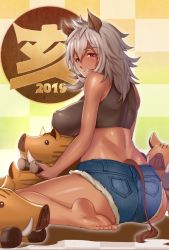 Rule 34 | 1girl, 2019, animal ears, ass, bad id, bad twitter id, bare shoulders, barefoot, blue shorts, blush, breast rest, breasts, chinese zodiac, cutoffs, dark skin, denim, denim shorts, feet, grey hair, large breasts, long hair, looking at viewer, looking back, midriff, miga (migao), new year, original, parted lips, pig, pig ears, pig girl, pig tail, red eyes, short shorts, shorts, sitting, smile, soles, tail, toes, year of the pig