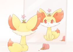 Rule 34 | :3, animal ear fluff, animal focus, closed mouth, creatures (company), dirt, fennekin, flower, flower on head, flower pot, fox, from behind, full body, game freak, gen 6 pokemon, happy, kemonobito, mirror, nintendo, no humans, object on head, pink flower, pokemon, pokemon (creature), red eyes, reflection, simple background, sitting, smile, soil, solo, spill, v-shaped eyebrows, white background