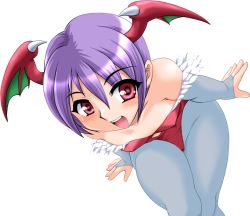 Rule 34 | 1girl, blue pantyhose, capcom, demon girl, elbow gloves, flat chest, gloves, happy, head wings, leotard, lilith aensland, open mouth, pantyhose, pink eyes, purple hair, red eyes, red leotard, short hair, smile, solo, toushi ryoku, vampire (game), wings