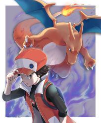 Rule 34 | 1boy, backpack, bag, baseball cap, black shirt, blue bag, border, brown eyes, brown hair, charizard, closed mouth, coat, commentary request, creatures (company), flame-tipped tail, game freak, gen 1 pokemon, hand on headwear, hand up, hat, highres, male focus, nintendo, nosada nosawo, open clothes, open coat, pokemon, pokemon (creature), pokemon masters ex, red (pokemon), red (sygna suit) (pokemon), red coat, red headwear, shirt, short hair, sleeveless, sleeveless coat, sleeves past elbows, twitter username, watermark, white border
