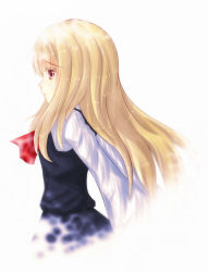 Rule 34 | 1girl, ascot, blonde hair, blouse, chilia012, fading, highres, long hair, looking to the side, aged up, red eyes, rumia, shirt, skirt, solo, tears, touhou, vest, white background, white shirt