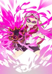 Rule 34 | 1girl, aiming, aiming at viewer, bike shorts, fangs, gatling gun, goggles, goggles on head, gun, highres, holding, ink tank (splatoon), inkling, inkling girl, inkling player character, jacket, long hair, long sleeves, looking at viewer, minigun, nintendo, open clothes, open jacket, open mouth, paint splatter, shirt, sketch, solo, splatoon (series), splatoon 1, standing, t-shirt, taka-michi, weapon, white background