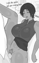 Rule 34 | against wall, breasts, cum, cum in pussy, cumdrip, dark skin, english text, greyscale, highres, large breasts, mole, monochrome, office, original, penis, pussy, pussy juice, rover (rover png), seductive smile, sex, short hair, skirt, sleeveless, smile, standing, standing sex, sweat, thick thighs, thighs, vaginal