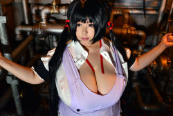Rule 34 | 1girl, asian, black hair, breasts, cleavage, cosplay, fat, highres, hoshima mika, huge breasts, long hair, maaru tougou, maaru tougou (cosplay), photo (medium), pochamaider, solo, thick thighs, thighs, twintails, wide hips
