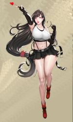 Rule 34 | 1girl, absurdres, arm guards, black hair, black skirt, breasts, brown hair, cleavage, collarbone, crop top, curvy, elbow gloves, final fantasy, final fantasy vii, final fantasy vii remake, fingerless gloves, full body, gloves, highres, large breasts, long hair, looking at viewer, low-tied long hair, nail polish, navel, open mouth, pleated skirt, red eyes, red footwear, skirt, smile, solo, stomach, suspender skirt, suspenders, tank top, tifa lockhart, toned, very long hair, weiyou xie, wide hips
