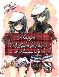 Rule 34 | 10s, 2girls, bad id, bad pixiv id, blue eyes, blush, bow, cape, dated, dual persona, eyepatch, flat cap, gloves, grin, happy valentine, hat, kantai collection, kiso (kancolle), light smile, multiple girls, pleated skirt, remodel (kantai collection), signature, skirt, smile, yuihira asu