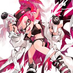 Rule 34 | 1girl, black headband, black shorts, breasts, coat, crop top, dual wielding, fangs, gun, headband, highres, holding, holding weapon, inkling, inkling girl, inkling player character, kumo (kumo hsc0216), long hair, long sleeves, looking at viewer, medium breasts, nintendo, open clothes, open coat, pink coat, pink eyes, pink hair, pointy ears, shoes, shorts, sleeveless, sneakers, solo, splatoon (series), splatoon 2, tentacle hair, twintails, weapon, white coat, white footwear