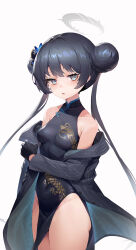 Rule 34 | 1girl, absurdres, bare shoulders, black coat, black dress, black gloves, black hair, blue archive, blue eyes, blush, breasts, butterfly hair ornament, china dress, chinese clothes, coat, collarbone, covered navel, cowboy shot, double bun, dress, gloves, groin, hair bun, hair ornament, halo, highres, kisaki (blue archive), long sleeves, looking at viewer, manic shd, medium breasts, off shoulder, open clothes, open coat, open mouth, pelvic curtain, simple background, solo, twintails, white background