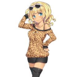 Rule 34 | 1girl, amelie mcgregor, animal print, bare shoulders, black footwear, black skirt, blonde hair, blue eyes, blush, boots, breasts, closed mouth, cowboy shot, crown, cuffs, drill hair, earrings, eyewear on head, gyaru, hand on own hip, jewelry, kogal, leopard print, long hair, looking at viewer, medium breasts, miniskirt, mmu, necklace, official art, pearl necklace, skirt, sleeves past wrists, smile, solo, sunglasses, thigh boots, thighhighs, transparent background, uchi no hime-sama ga ichiban kawaii, zettai ryouiki