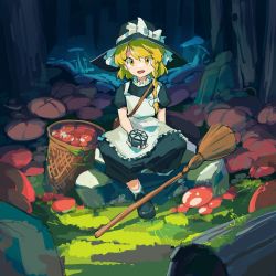 Rule 34 | 1girl, apron, black dress, black footwear, black hat, blonde hair, bow, braid, breasts, commentary request, doggo 1d34, dress, forest of magic, frilled apron, frills, grass, happy, hat, hat bow, highres, holding, kirisame marisa, loafers, medium breasts, mini-hakkero, mushroom, open mouth, outdoors, puffy short sleeves, puffy sleeves, rock, shoes, short sleeves, side braid, single braid, sitting, solo, teeth, touhou, upper teeth only, white apron, white bow, witch, witch hat, yellow eyes
