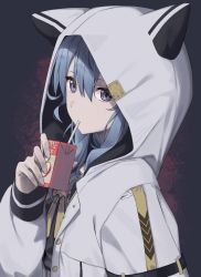 Rule 34 | 1girl, animal hood, apple juice, black background, black shirt, blue eyes, blue hair, closed mouth, commentary, drink, drinking straw, expressionless, hair between eyes, highres, holding, holding drink, hololive, hood, hood up, hooded jacket, hoshimachi suisei, hoshimachi suisei (school uniform), jacket, juice, juice box, long hair, long sleeves, looking at viewer, neck ribbon, official alternate costume, open clothes, open jacket, ribbon, shirt, solo, star (symbol), star in eye, syhan, symbol in eye, upper body, virtual youtuber, white jacket, yellow ribbon