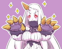 Rule 34 | 10s, 1girl, abyssal ship, bad id, bad pixiv id, bare shoulders, blush, breasts, bugles, bugles (food), bugles on fingers, claws, detached sleeves, dress, food, food on hand, horns, kantai collection, large breasts, long hair, pale skin, red eyes, ribbed dress, seaport princess, sideboob, single horn, smile, solo, u-non (annon&#039;an), white hair