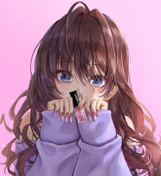 Rule 34 | 1girl, absurdres, ahoge, blue eyes, blush, brown hair, commentary, cosmetics, covered mouth, daiko (dai1974910), fingernails, hair intakes, highres, ichinose shiki, idolmaster, idolmaster cinderella girls, long fingernails, long hair, long sleeves, looking at viewer, nail polish, off-shoulder shirt, off shoulder, pink background, purple shirt, shirt, simple background, solo, symbol-only commentary, upper body, very long hair