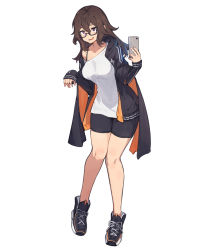 Rule 34 | 1girl, black-framed eyewear, black footwear, black jacket, black shorts, breasts, brown hair, collarbone, commentary request, glasses, grey background, hands up, highres, holding, holding phone, hood, hood down, hooded jacket, jacket, lansane, large breasts, long hair, long sleeves, open clothes, open jacket, original, phone, semi-rimless eyewear, shirt, shoes, shorts, simple background, single bare shoulder, smile, solo, white shirt