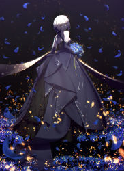 Rule 34 | 1girl, absurdres, artist name, artoria pendragon (all), artoria pendragon (fate), bare shoulders, black background, black dress, black gloves, black ribbon, blonde hair, blue flower, bouquet, braid, breasts, chinese commentary, commentary request, dress, elbow gloves, empty eyes, falling petals, fate/stay night, fate (series), flower, french braid, from behind, full body, gloves, gothic lolita, gown, hair between eyes, hair bun, hair ribbon, half-closed eyes, highres, holding, holding bouquet, light particles, light smile, lolita fashion, long dress, looking at viewer, looking back, magicians (zhkahogigzkh), pale skin, parted lips, petals, ribbon, saber alter, shade, short hair, sidelocks, single hair bun, small breasts, solo, standing, yellow eyes
