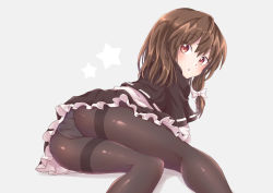 Rule 34 | 1girl, absurdres, ass, bad proportions, black capelet, black pantyhose, black skirt, bow, brown eyes, brown hair, capelet, commentary request, from behind, grey background, hair bow, highres, long hair, looking at viewer, looking back, lying, miniskirt, on side, panties, panties under pantyhose, pantyhose, ramie (ramie541), revision, shirt, simple background, skirt, solo, star (symbol), thighband pantyhose, touhou, underwear, usami renko, white bow, white shirt