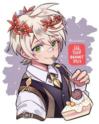 Rule 34 | 1boy, alternate costume, bandaid, bandaid on face, bandaid on nose, bennett (genshin impact), black vest, blonde hair, blush, cake, closed mouth, dated, food, fork, genshin impact, green eyes, hair between eyes, happy birthday, highres, holding, holding fork, luciarielucia, male focus, open mouth, shirt, short hair, smile, solo, vest, white hair, white shirt