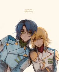 Rule 34 | 1boy, 1girl, :d, athrun zala, blonde hair, blue hair, blue jacket, cagalli yula athha, copyright name, crossed arms, eyebrows hidden by hair, green eyes, gundam, gundam seed, gundam seed destiny, highres, jacket, leaning to the side, looking to the side, military, military uniform, one eye closed, open mouth, she (morianosu), short hair, sketch, smile, uniform, white jacket, yellow eyes