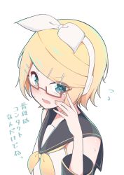 Rule 34 | 1girl, bad id, bad pixiv id, bare shoulders, black collar, black sleeves, blonde hair, blue eyes, blush, bow, collar, commentary, detached sleeves, embarrassed, fang, finger to eyewear, from above, giryu, glasses, hair bow, hair ornament, hairclip, headphones, kagamine rin, looking at viewer, nail polish, neckerchief, open mouth, red-framed eyewear, sailor collar, school uniform, semi-rimless eyewear, shirt, short hair, skin fang, sleeveless, sleeveless shirt, solo, sweatdrop, swept bangs, translated, upper body, vocaloid, white background, white bow, white shirt, yellow nails, yellow neckerchief