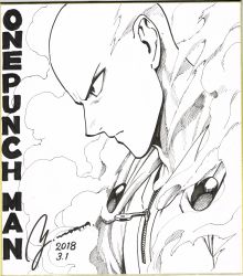 Rule 34 | 1boy, absurdres, bald, cape, closed mouth, copyright name, dated, from side, frown, greyscale, highres, male focus, monochrome, murata yuusuke, official art, one-punch man, photo (medium), profile, saitama (one-punch man), serious, signature, solo, superhero costume, traditional media, upper body