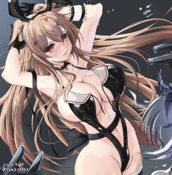 Rule 34 | 2girls, absurdres, abyssal ship, arm behind head, black one-piece swimsuit, black ribbon, breasts, brown eyes, casual one-piece swimsuit, cleavage, commentary request, dated, hair flaps, hair ribbon, heterochromia, highres, kantai collection, large breasts, light brown hair, multiple girls, murasame (kancolle), murasame kai ni (kancolle), navel, one-piece swimsuit, red eyes, ribbon, solo focus, swimsuit, toms, twitter username