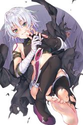 Rule 34 | 1girl, absurdres, arm strap, bandaged arm, bandages, barefoot, black cape, black cola, black gloves, black thighhighs, blush, breasts, cape, dagger, fate/apocrypha, fate/grand order, fate (series), fingerless gloves, gloves, green eyes, highres, holding, holding weapon, jack the ripper (fate/apocrypha), knife, looking at viewer, scar, scar on face, short hair, simple background, single glove, small breasts, smile, soles, solo, thighhighs, torn clothes, torn thighhighs, weapon, white background, white hair