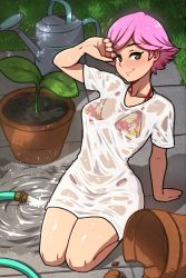 Rule 34 | 1girl, akairiot, animal crossing, arm support, bare legs, bikini, bikini under clothes, blush, breasts, broken, brown eyes, closed mouth, collarbone, flipped hair, floral print, flower pot, full body, highres, hose, looking at viewer, medium breasts, nintendo, no pants, on ground, outdoors, pink hair, plant, potted plant, see-through, seiza, shirt, short hair, short sleeves, sitting, smile, smirk, solo, sunlight, super smash bros., swept bangs, swimsuit, t-shirt, tsurime, villager (animal crossing), water, watering can, wet, wet clothes, wet shirt, white shirt, wiping forehead