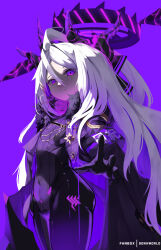 1girl ahoge black_bodysuit black_gloves blue_archive bodysuit closed_mouth covered_navel cowboy_shot demon_horns flat_chest from_below gloves hair_between_eyes halo highres hina_(blue_archive) horns long_hair looking_at_viewer mechanical_halo prefect_team_(blue_archive) purple_background purple_eyes simple_background solo sonaworld standing white_hair