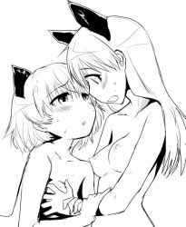 Rule 34 | 2girls, animal ears, arm grab, blush, breasts, couple, eila ilmatar juutilainen, grabbing, grabbing another&#039;s breast, grabbing another's breast, greyscale, guided breast grab, guiding hand, long hair, monochrome, mozu (peth), multiple girls, nipples, nude, open mouth, sanya v. litvyak, short hair, simple background, sketch, small breasts, strike witches, upper body, world witches series, yuri