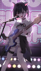 Rule 34 | 1girl, absurdres, animal ears, bass guitar, belt, black collar, black hair, black jacket, black mask, black wristband, blue archive, cat ears, clothes around waist, collar, colored inner hair, commentary request, earclip, earrings, extra ears, feet out of frame, halo, highres, holding, holding instrument, instrument, jacket, jacket around waist, jewelry, kazusa (band) (blue archive), kazusa (blue archive), mask, mask around neck, microphone stand, mouth mask, multicolored hair, music, official alternate costume, open mouth, pink hair, pink halo, playing instrument, shirt, short hair, short sleeves, singing, skirt, solo, standing, stud earrings, sweat, thigh belt, thigh strap, toey, white shirt, white skirt