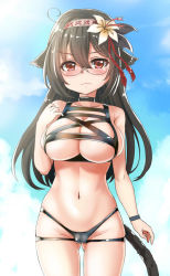 Rule 34 | 1girl, ahoge, animal ears, bikini, black bikini, black hair, black panties, breasts, cat ears, cat girl, cat tail, choker, cleavage, closed mouth, cloud, collarbone, covered erect nipples, cowboy shot, day, flower, glasses, gluteal fold, groin, hair flaps, hair flower, hair ornament, hairband, head tilt, long hair, md5 mismatch, meme attire, navel, original, outdoors, panties, red eyes, rei no mizugi, resolution mismatch, rimless eyewear, skindentation, sky, solo, source larger, standing, swimsuit, tail, underwear, unname, wavy mouth, wristband