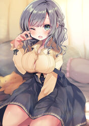 Rule 34 | 1girl, arm between legs, black dress, blush, braid, breasts, bursting breasts, collared shirt, commentary request, commission, curtains, dress, green eyes, grey hair, highres, indoors, kasane (cynthia), large breasts, long hair, long sleeves, looking at viewer, on bed, one eye closed, open mouth, original, pillow, shirt, sitting, skeb commission, solo, stuffed animal, stuffed toy, tears, waking up, wariza, wiping tears, yawning, yellow shirt