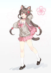 Rule 34 | 1girl, ahoge, animal ear fluff, animal ears, backpack, bag, bow, bowtie, breasts, brown footwear, candy, cardigan, chinese commentary, choker, commentary request, flower, food, food in mouth, grey cardigan, hair flower, hair ornament, hair rings, highres, kneehighs, lollipop, long hair, long sleeves, looking at viewer, miniskirt, mouth hold, original, pink bow, pink bowtie, pink skirt, plaid, plaid skirt, pleated skirt, red eyes, sailor collar, shoes, skirt, sleeves past wrists, socks, solo, standing, tail, twintails, white choker, white sailor collar, white socks, ziyue