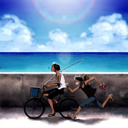 Rule 34 | 2boys, biafura, bicycle, black hair, brother, brothers, family, fishing rod, freckles, hat, lens flare, lunchbox, male focus, monkey d. luffy, multiple boys, ocean, one piece, outdoors, portgas d. ace, running, sandals, scar, short hair, siblings, straw hat, sweat, tan, tattoo, tony tony chopper, wall, water