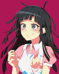 Rule 34 | 1girl, absurdres, apron, asa me daiki, bandaged arm, bandages, black eyes, black hair, blush, brown eyes, buttons, collared shirt, commentary request, danganronpa (series), danganronpa 2: goodbye despair, dress shirt, hands up, highres, long hair, messy hair, mole, mole under eye, parted lips, pink shirt, puffy short sleeves, puffy sleeves, red background, shirt, short sleeves, simple background, solo, tears, teeth, tsumiki mikan, white apron