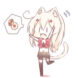 Rule 34 | 1girl, animal ear fluff, animal ears, arm up, ayanami (azur lane), azur lane, bare arms, bell, black shirt, black shorts, black thighhighs, blush, bow, cat ears, cat girl, cat tail, checkerboard cookie, chibi, cookie, crop top, fang, flying sweatdrops, food, full body, hair ornament, hairclip, high ponytail, jingle bell, kemonomimi mode, light brown hair, long hair, midriff, navel, open mouth, ponytail, puffy shorts, red bow, sakurato ototo shizuku, shadow, shirt, short shorts, shorts, solo, spoken food, standing, standing on one leg, tail, thighhighs, very long hair, white background