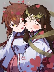 Rule 34 | 2girls, :&lt;, :3, asagi1111, blush, brown hair, cheek-to-cheek, circlet, closed eyes, closed mouth, fan la norne, grey background, heads together, heart, highres, hug, long hair, long sleeves, lora (xenoblade), multiple girls, one eye closed, revision, short hair, simple background, xenoblade chronicles (series), xenoblade chronicles 2, xenoblade chronicles 2: torna - the golden country, yellow eyes