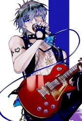 Rule 34 | 1boy, abulaba, arm tattoo, black lips, black vest, blue background, blue eyeshadow, blue hair, brown hair, collar, commentary, earrings, electric guitar, english commentary, eyeshadow, fingerless gloves, gloves, green eyes, guitar, highres, holding, holding instrument, holding microphone, ike eveland, instrument, jewelry, looking at viewer, makeup, male focus, microphone, multicolored hair, music, nijisanji, nijisanji en, open mouth, original, playing instrument, popped collar, simple background, solo, spiked collar, spikes, tail, tattoo, teeth, vest, virtual youtuber, white background