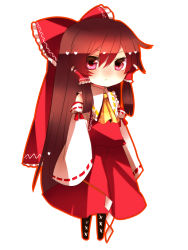 Rule 34 | 1girl, alternate hair length, alternate hairstyle, ascot, bad id, bad pixiv id, boots, bow, brown hair, chibi, cross-laced footwear, detached sleeves, female focus, gohei, hair bow, hakurei reimu, lace-up boots, long hair, simple background, solo, touhou, very long hair, yutazou