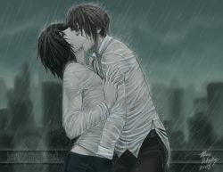 Rule 34 | 00s, 2boys, black hair, brown hair, cityscape, death note, closed eyes, kiss, l (death note), male focus, multiple boys, open mouth, outdoors, rain, rooftop, see-through, sky, wet, yagami light, yaoi