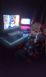Rule 34 | 1girl, bare shoulders, black footwear, black gloves, black leotard, boots, breasts, bronya zaychik, bronya zaychik (black nucleus), chair, computer, curtains, dark, drill hair, gaming chair, gao guangyue, gauntlets, gloves, grey hair, hair between eyes, highres, honkai (series), honkai impact 3rd, indoors, keyboard (computer), laptop, leotard, looking at viewer, monitor, mouse (computer), outstretched arm, pale skin, playstation controller, raiden mei, raiden mei (striker fulminata), red eyes, sitting, small breasts, solo, stylus, swivel chair, thigh boots, thighhighs, twin drills, v-shaped eyebrows